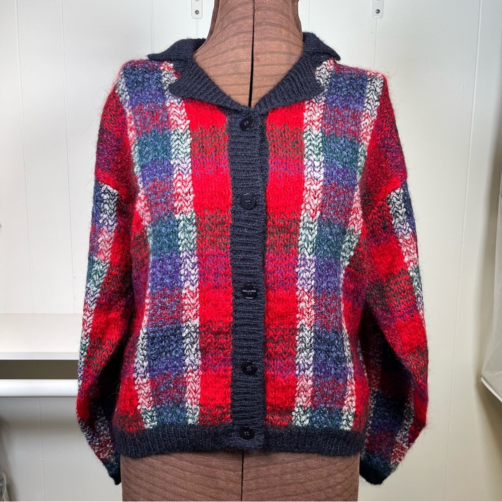 Vintage Plaid Mohair Wool Blend Cardigan Sweater Size Large